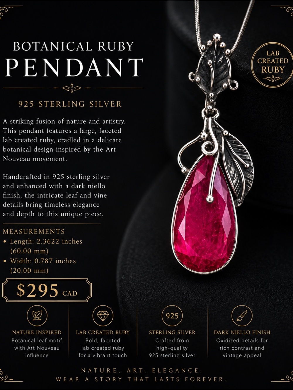 Botanical Ruby Large Pendant 925 Sterling Silver
